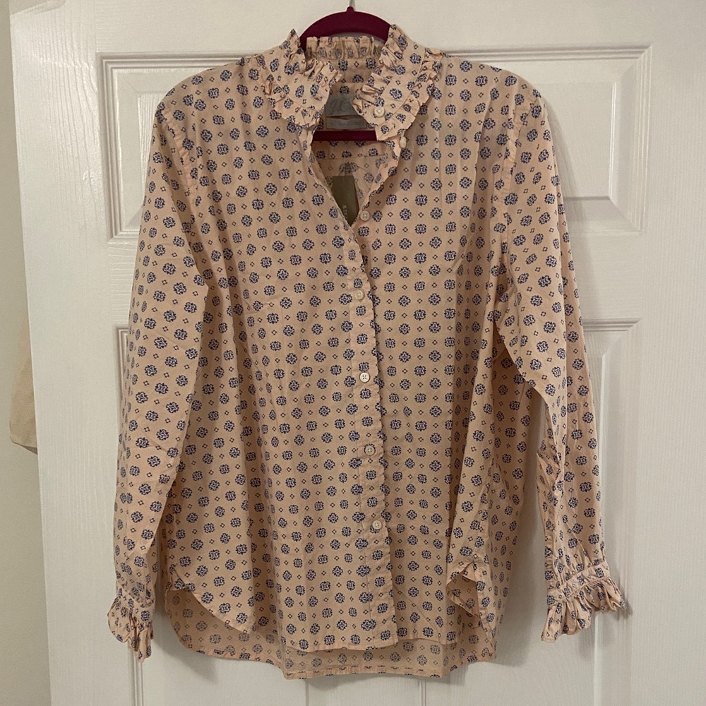 NWT J. Crew patterned, ruffle collar button up shirt, Size 18